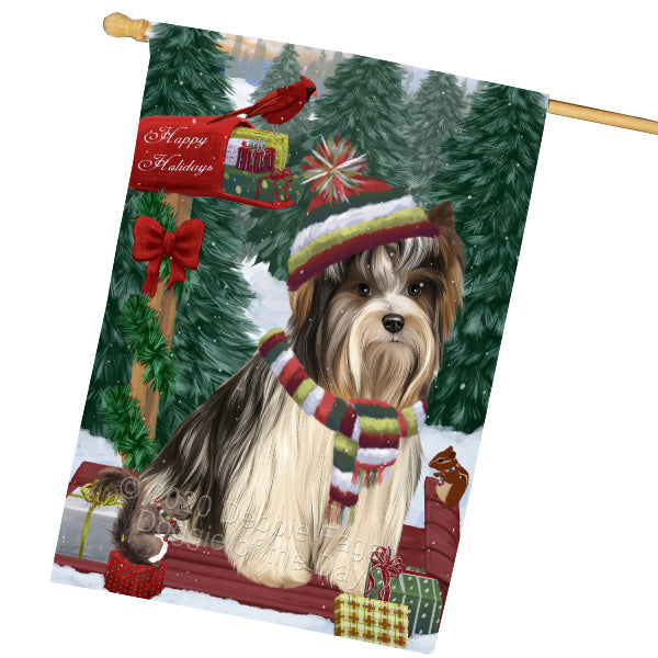 Christmas Woodland Sled Biewer Terrier Dog House Flag Outdoor Decorative Double Sided Pet Portrait Weather Resistant Premium Quality Animal Printed Home Decorative Flags 100% Polyester FLG69557