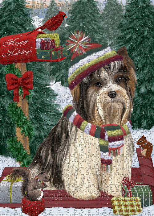 Christmas Woodland Sled Biewer Terrier Dog Portrait Jigsaw Puzzle for Adults Animal Interlocking Puzzle Game Unique Gift for Dog Lover's with Metal Tin Box PZL880