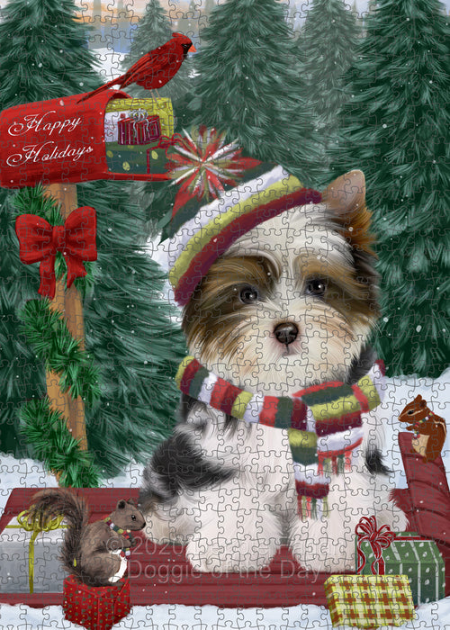 Christmas Woodland Sled Biewer Terrier Dog Portrait Jigsaw Puzzle for Adults Animal Interlocking Puzzle Game Unique Gift for Dog Lover's with Metal Tin Box PZL881