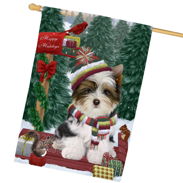 Christmas Woodland Sled Biewer Terrier Dog House Flag Outdoor Decorative Double Sided Pet Portrait Weather Resistant Premium Quality Animal Printed Home Decorative Flags 100% Polyester FLG69558