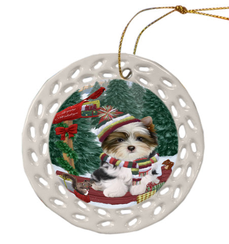 Christmas Woodland Sled Biewer Terrier Dog Doily Ornament DPOR59056