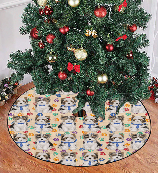 Rainbow Paw Print Biewer Dogs Blue Christmas Tree Skirt