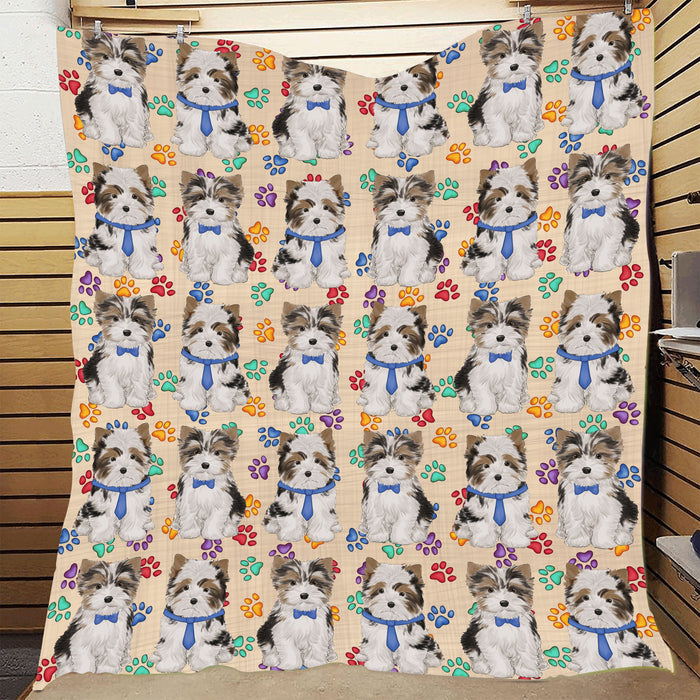 Rainbow Paw Print Biewer Dogs Blue Quilt