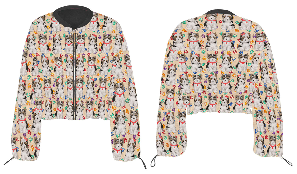Rainbow Paw Print Biewer Dogs Cropped Chiffon Women's Jacket WH50500