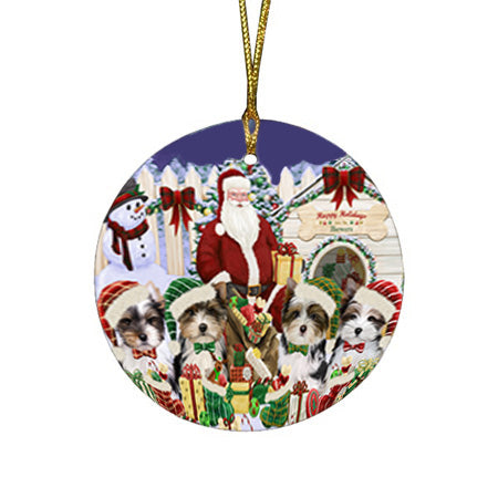 Christmas Dog House Biewer Terriers Dog Round Flat Christmas Ornament RFPOR52588