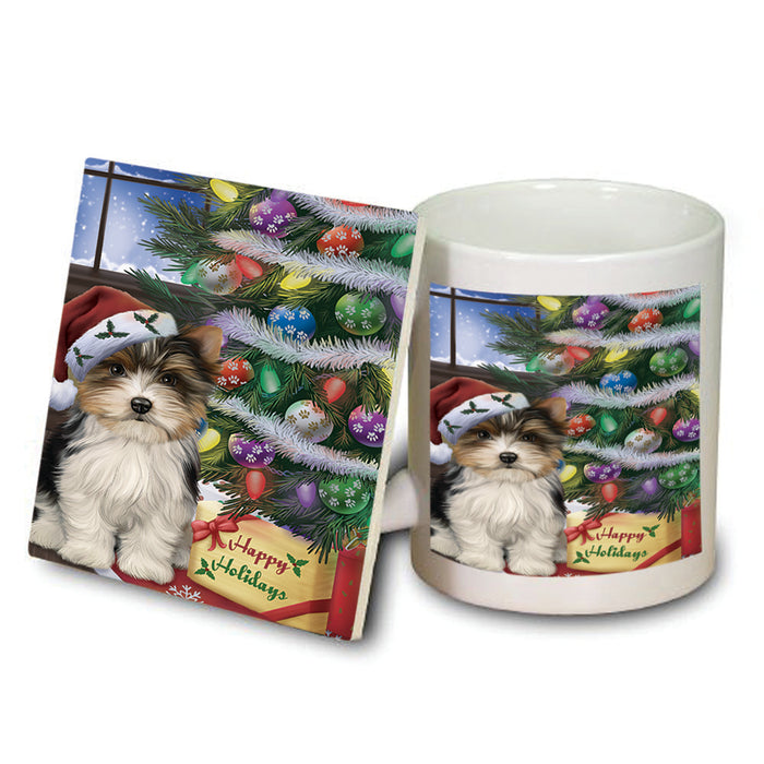 Christmas Happy Holidays Biewer Terrier Dog with Tree and Presents Mug and Coaster Set MUC53435