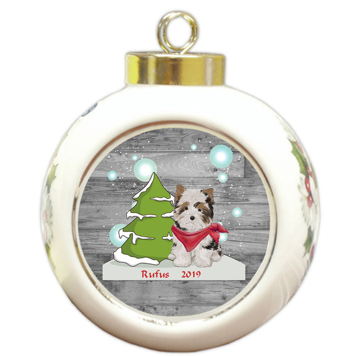 Custom Personalized Winter Scenic Tree and Presents Biewer Terrier Dog Christmas Round Ball Ornament