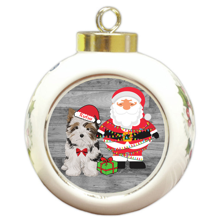 Custom Personalized Biewer Terrier Dog With Santa Wrapped in Light Christmas Round Ball Ornament