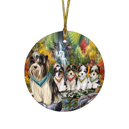 Scenic Waterfall Biewer Terriers Dog Round Flat Christmas Ornament RFPOR50144