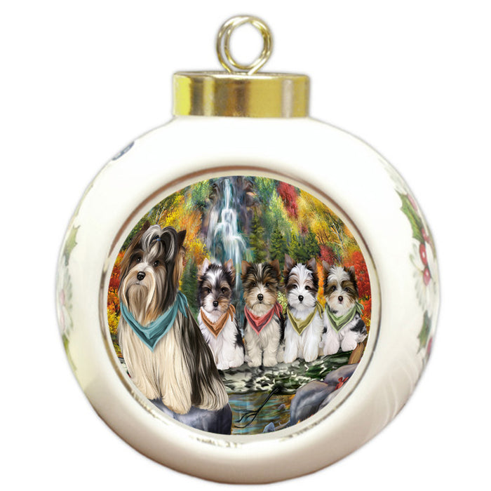 Scenic Waterfall Biewer Terriers Dog Round Ball Christmas Ornament RBPOR50153