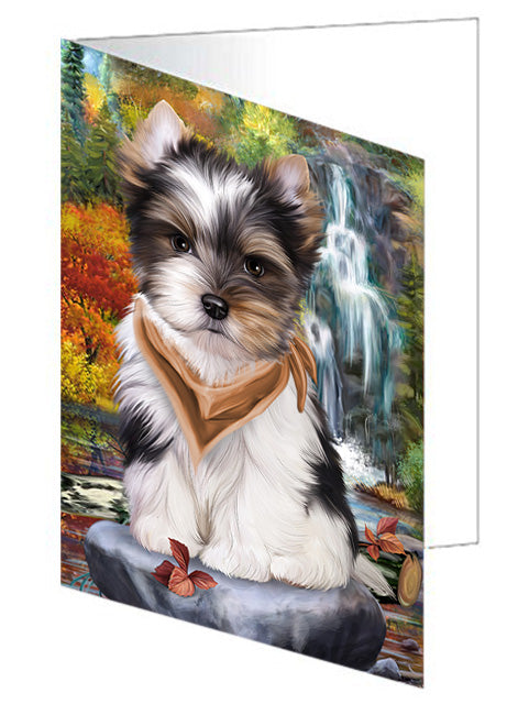 Scenic Waterfall Biewer Terrier Dog Handmade Artwork Assorted Pets Greeting Cards and Note Cards with Envelopes for All Occasions and Holiday Seasons GCD54491