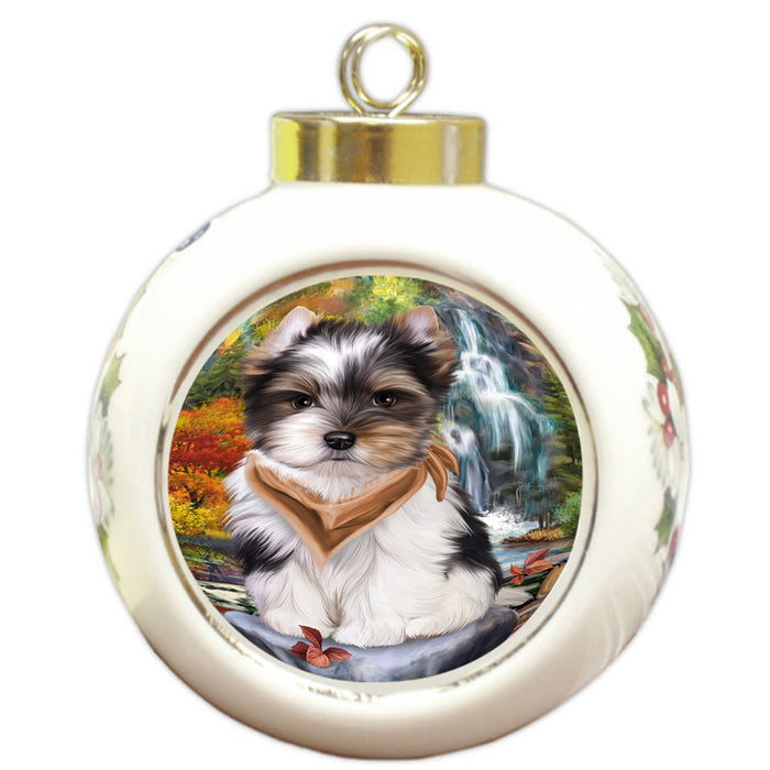 Scenic Waterfall Biewer Terrier Dog Round Ball Christmas Ornament RBPOR50154