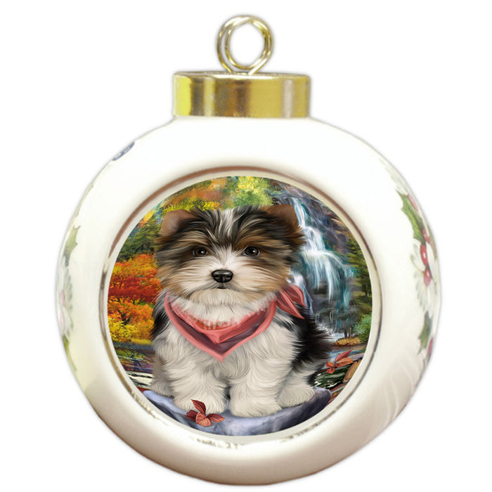 Scenic Waterfall Biewer Terrier Dog Round Ball Christmas Ornament RBPOR50155