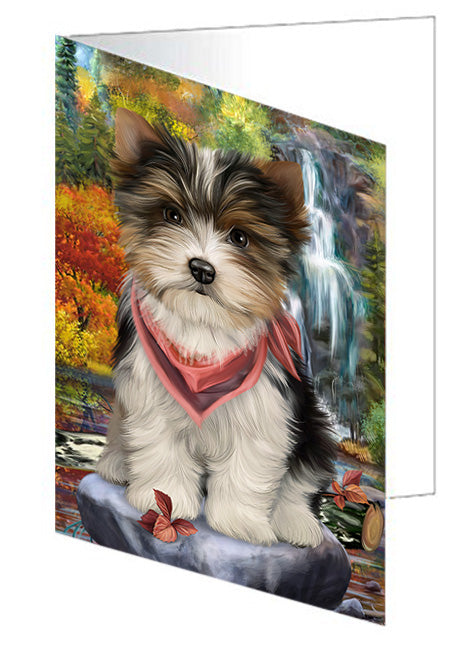 Scenic Waterfall Biewer Terrier Dog Handmade Artwork Assorted Pets Greeting Cards and Note Cards with Envelopes for All Occasions and Holiday Seasons GCD54494