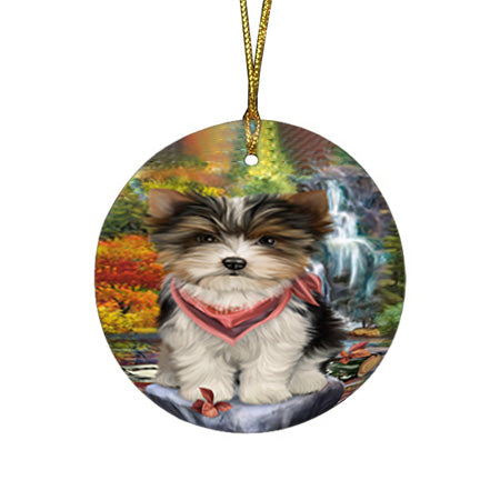 Scenic Waterfall Biewer Terrier Dog Round Flat Christmas Ornament RFPOR50146