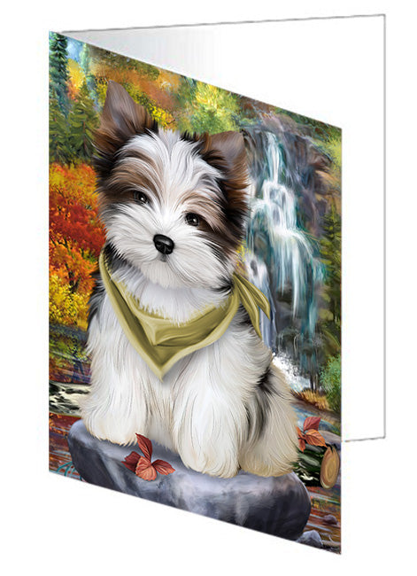 Scenic Waterfall Biewer Terrier Dog Handmade Artwork Assorted Pets Greeting Cards and Note Cards with Envelopes for All Occasions and Holiday Seasons GCD54497