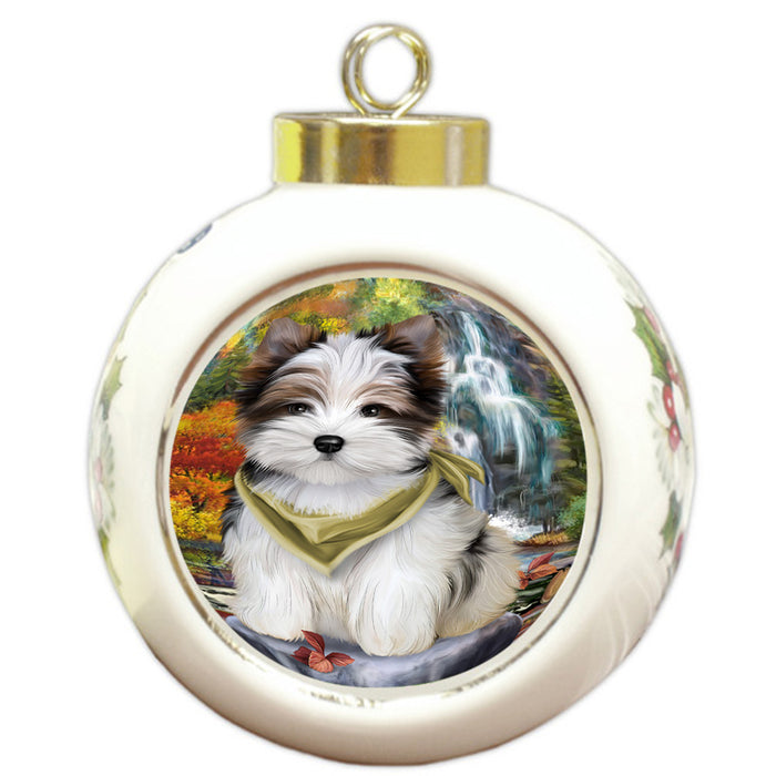 Scenic Waterfall Biewer Terrier Dog Round Ball Christmas Ornament RBPOR50156