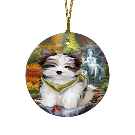 Scenic Waterfall Biewer Terrier Dog Round Flat Christmas Ornament RFPOR50147