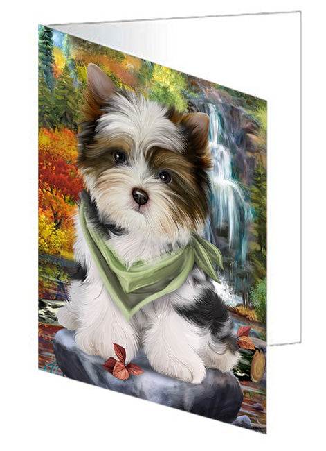 Scenic Waterfall Biewer Terrier Dog Handmade Artwork Assorted Pets Greeting Cards and Note Cards with Envelopes for All Occasions and Holiday Seasons GCD54500