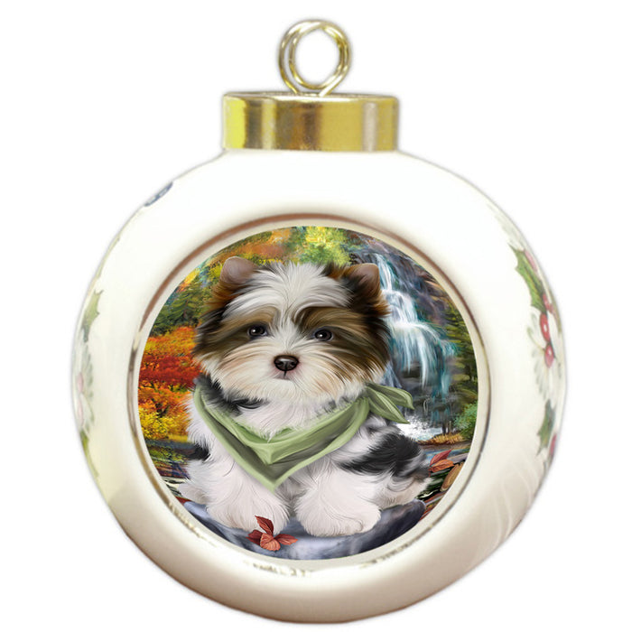 Scenic Waterfall Biewer Terrier Dog Round Ball Christmas Ornament RBPOR50157
