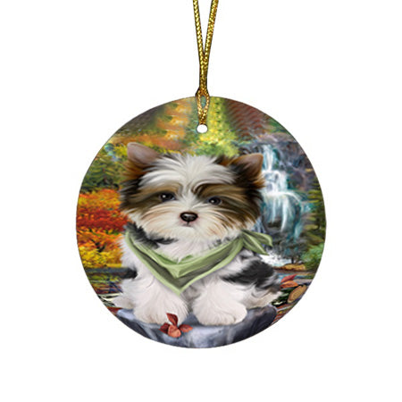 Scenic Waterfall Biewer Terrier Dog Round Flat Christmas Ornament RFPOR50148