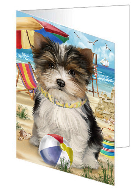 Pet Friendly Beach Biewer Terrier Dog Handmade Artwork Assorted Pets Greeting Cards and Note Cards with Envelopes for All Occasions and Holiday Seasons GCD54017