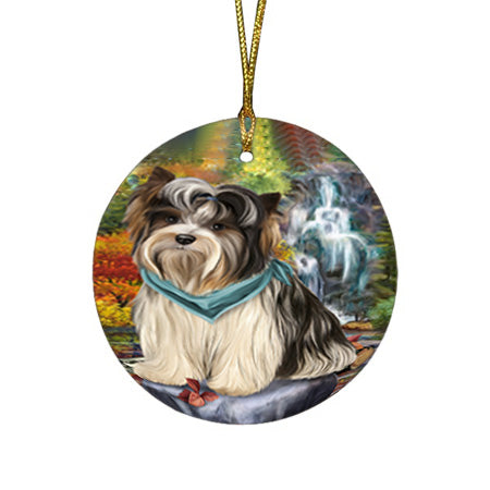 Scenic Waterfall Biewer Terrier Dog Round Flat Christmas Ornament RFPOR50149