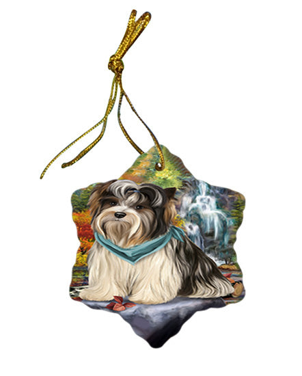 Scenic Waterfall Biewer Terrier Dog Star Porcelain Ornament SPOR50150