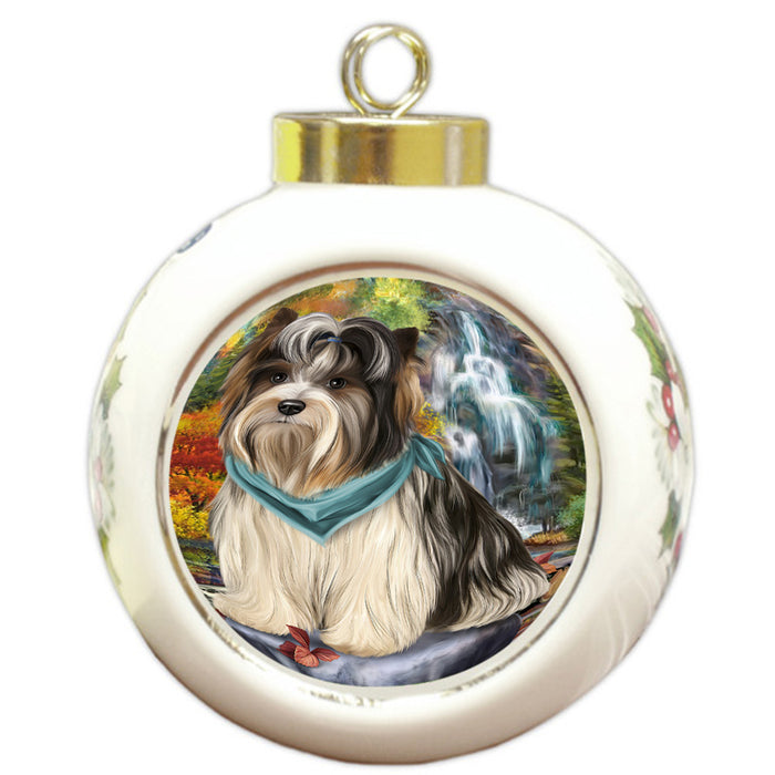 Scenic Waterfall Biewer Terrier Dog Round Ball Christmas Ornament RBPOR50158