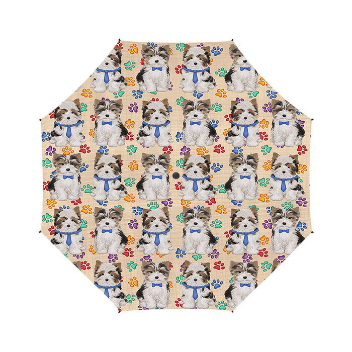 Rainbow Paw Print Biewer Dogs Blue Semi-Automatic Foldable Umbrella