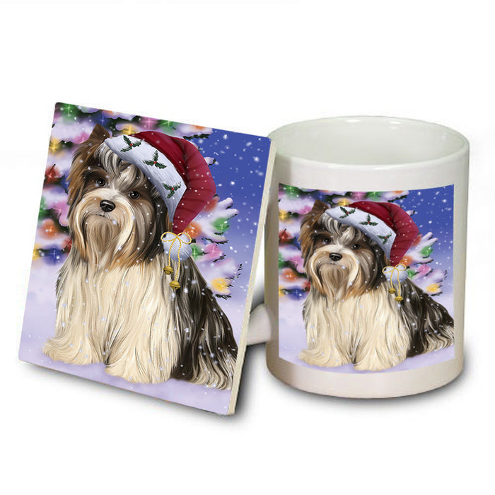 Winterland Wonderland Biewer Terrier Dog In Christmas Holiday Scenic Background Mug and Coaster Set MUC53728