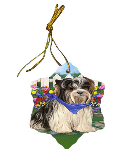 Spring Floral Biewer Terrier Dog Star Porcelain Ornament SPOR52228