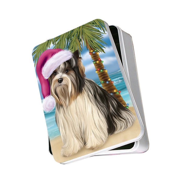 Summertime Happy Holidays Christmas Biewer Terrier Dog on Tropical Island Beach Photo Storage Tin PITN54353
