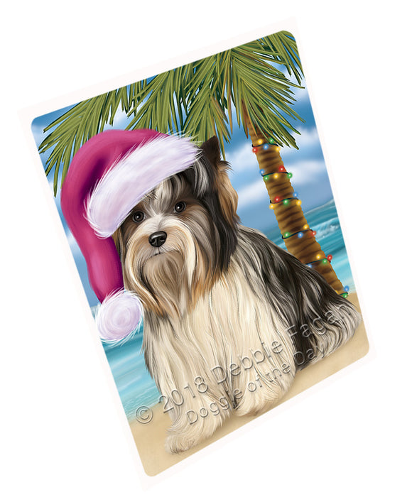 Summertime Happy Holidays Christmas Biewer Terrier Dog on Tropical Island Beach Large Refrigerator / Dishwasher Magnet RMAG88110