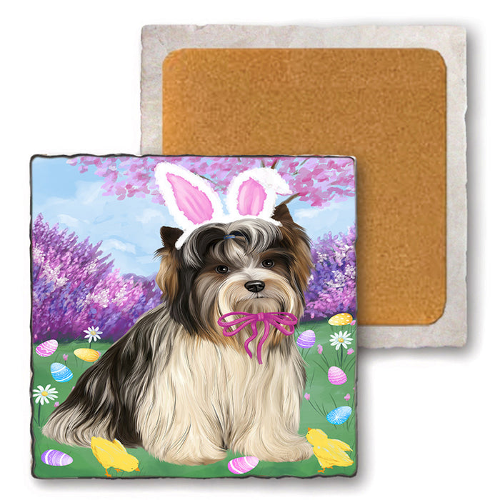 Easter Holiday Biewer Terrier Dog Set of 4 Natural Stone Marble Tile Coasters MCST51878