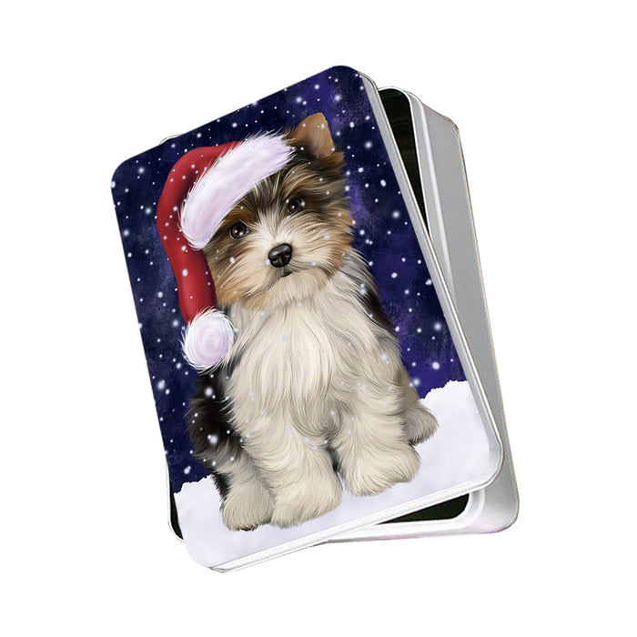 Let it Snow Christmas Holiday Biewer Terrier Dog Wearing Santa Hat Photo Storage Tin PITN54223
