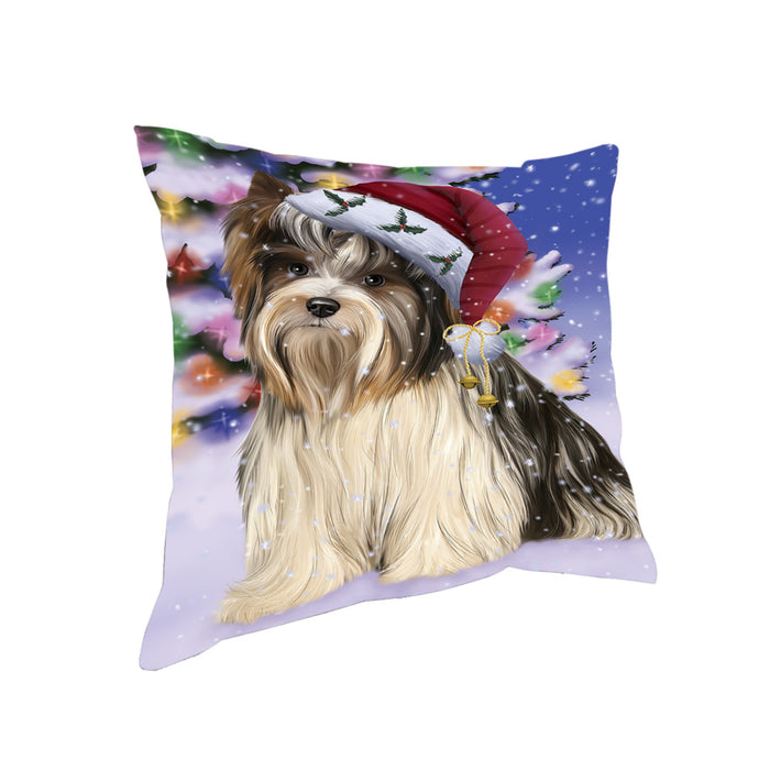 Winterland Wonderland Biewer Terrier Dog In Christmas Holiday Scenic Background Pillow PIL71568