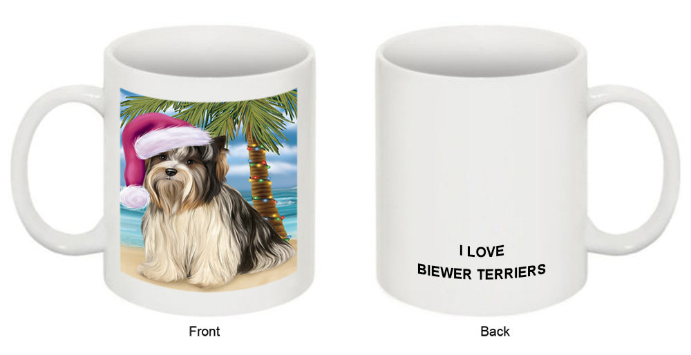 Summertime Happy Holidays Christmas Biewer Terrier Dog on Tropical Island Beach Coffee Mug MUG49808