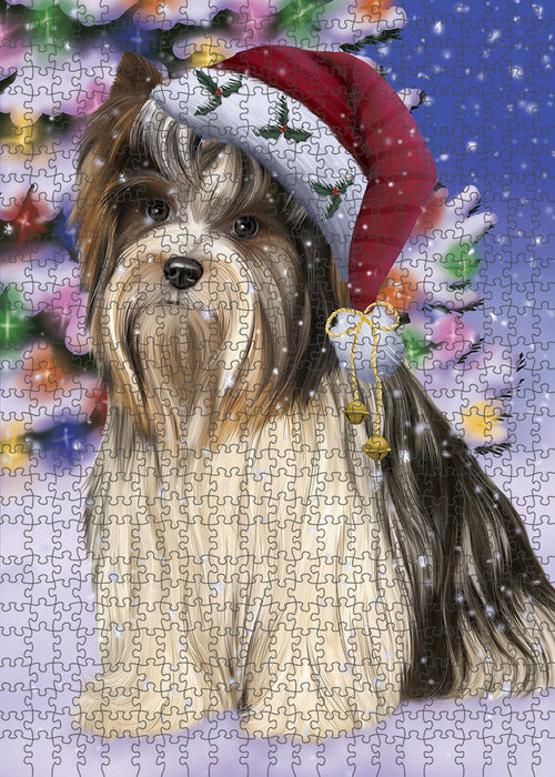 Winterland Wonderland Biewer Terrier Dog In Christmas Holiday Scenic Background Puzzle with Photo Tin PUZL82100