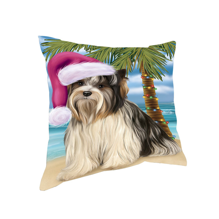 Summertime Happy Holidays Christmas Biewer Terrier Dog on Tropical Island Beach Pillow PIL74776