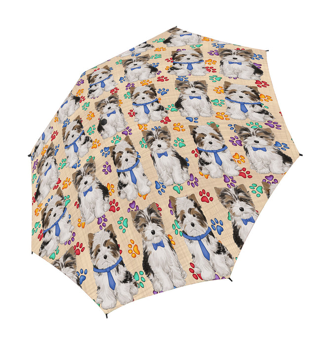 Rainbow Paw Print Biewer Dogs Blue Semi-Automatic Foldable Umbrella