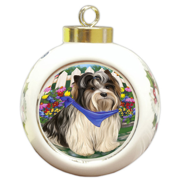 Spring Floral Biewer Terrier Dog Round Ball Christmas Ornament RBPOR52237