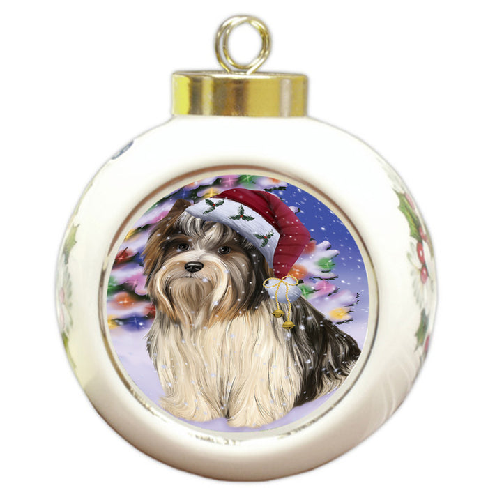 Winterland Wonderland Biewer Terrier Dog In Christmas Holiday Scenic Background Round Ball Christmas Ornament RBPOR53736