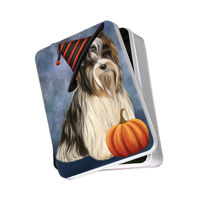 Happy Halloween Biewer Terrier Dog Wearing Witch Hat with Pumpkin Photo Storage Tin PITN54659