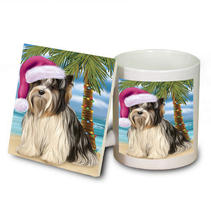 Summertime Happy Holidays Christmas Biewer Terrier Dog on Tropical Island Beach Mug and Coaster Set MUC54402