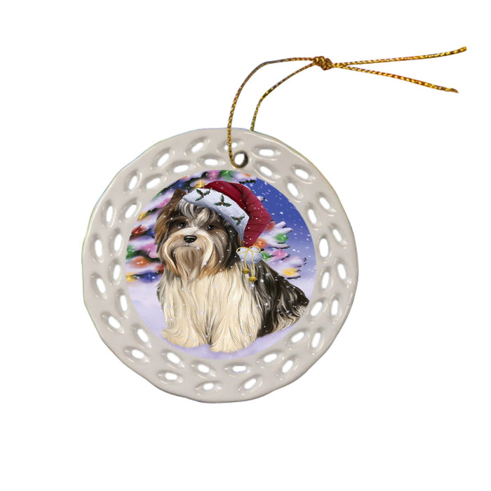 Winterland Wonderland Biewer Terrier Dog In Christmas Holiday Scenic Background Ceramic Doily Ornament DPOR53736