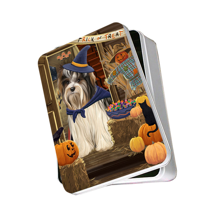 Enter at Own Risk Trick or Treat Halloween Biewer Terrier Dog Photo Storage Tin PITN53009