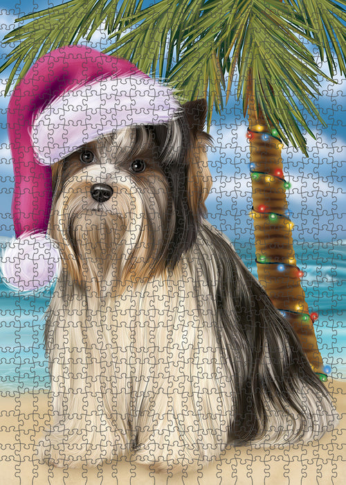 Summertime Happy Holidays Christmas Biewer Terrier Dog on Tropical Island Beach Puzzle with Photo Tin PUZL85308