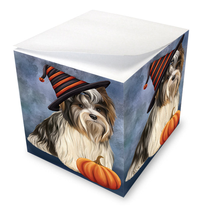 Happy Halloween Biewer Terrier Dog Wearing Witch Hat with Pumpkin Note Cube NOC56362