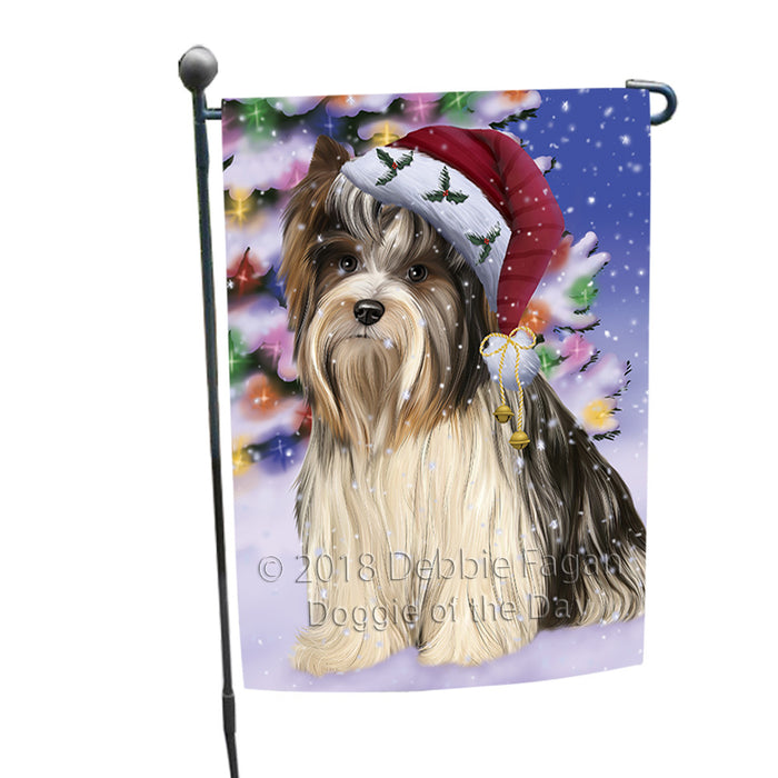 Winterland Wonderland Biewer Terrier Dog In Christmas Holiday Scenic Background Garden Flag GFLG53798